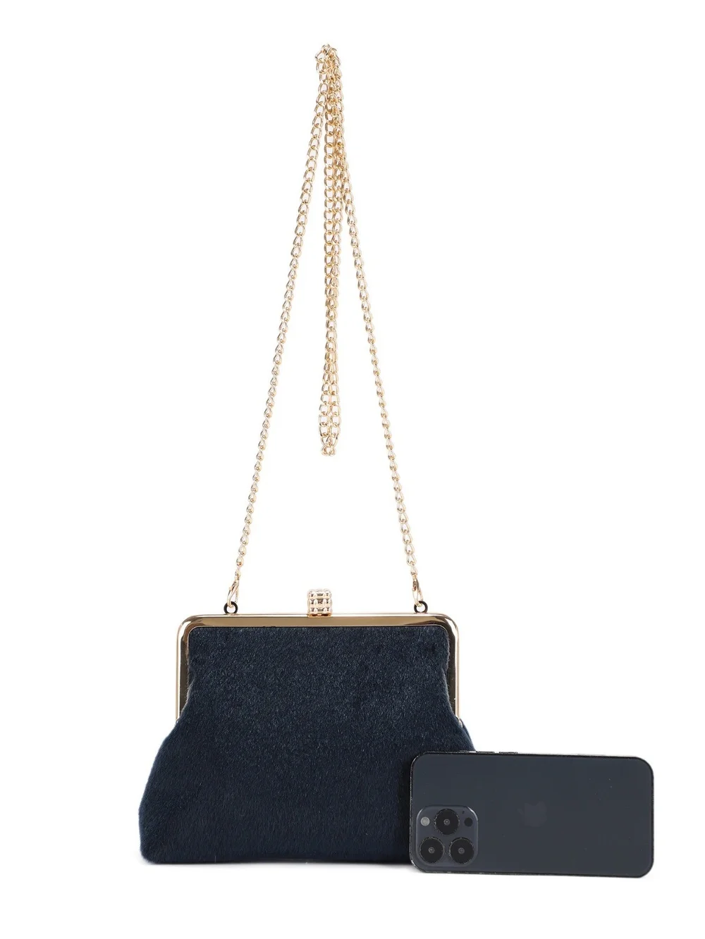 Burgundy Faux Fur Clutch with Gold Chain